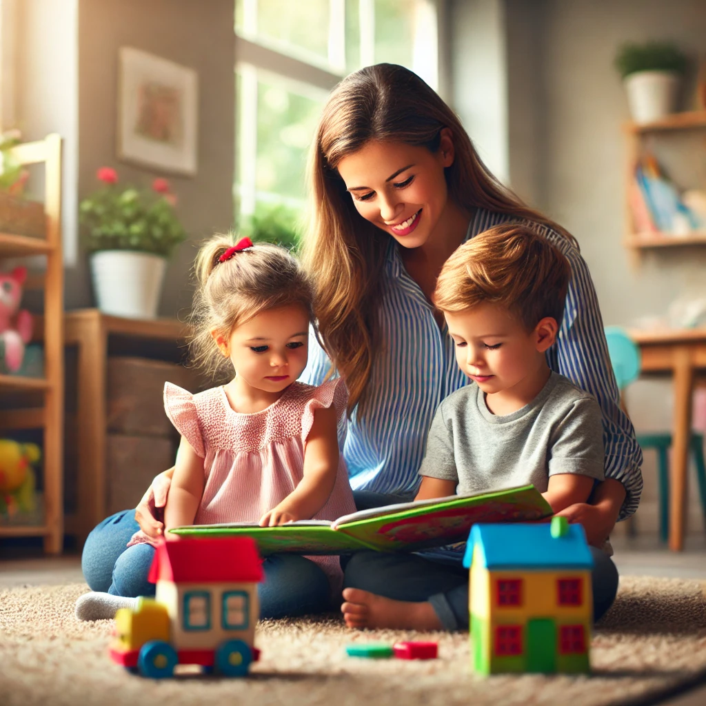 DALL·E 2025-03-26 14.26.04 - A heartwarming scene of a professional nanny caring for two young children in a cozy home setting. The nanny, a warm and friendly woman, is reading a