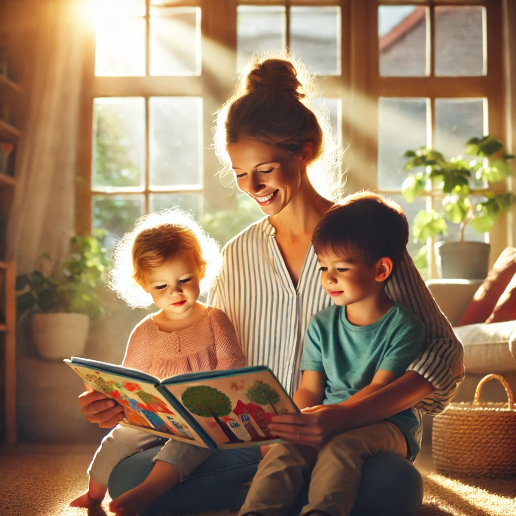 DALL·E 2025-03-26 14.29.22 - A heartwarming scene of a professional nanny caring for two young children in a cozy home setting, with sunlight streaming through the windows, castin
